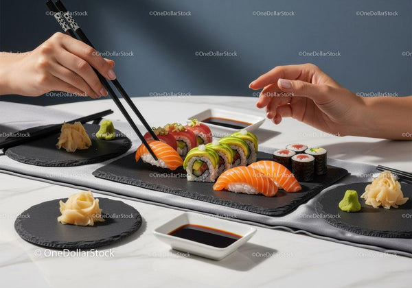 Świeża Taca Sushi z Łososiem i Awokado na Czarnych Płytach Łupkowych