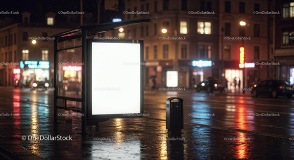Illuminated Bus Stop Shelter with Advertising Screen on Rainy Night JPG Mockup Image