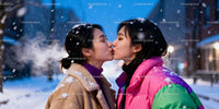 Couple Sharing a Tender Kiss in Snowy Evening