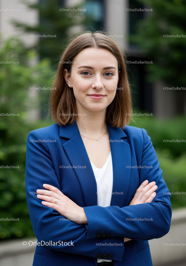 Confident Businesswoman in Blue Blazer Standing Outdoors