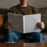 Man Sitting on Couch Holding Blank Open Book