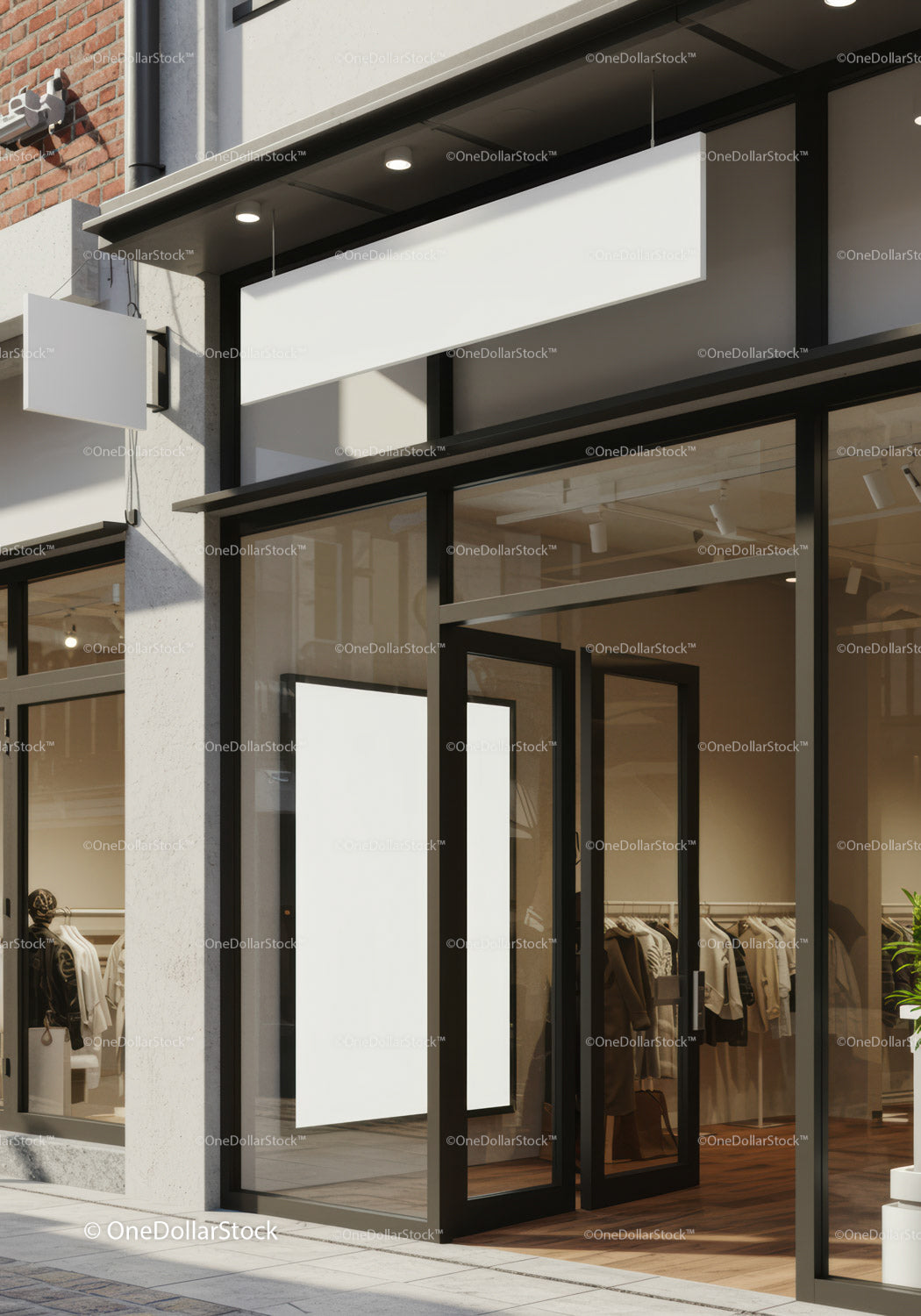Modern Clothing Store Entrance with Blank Signage Boards