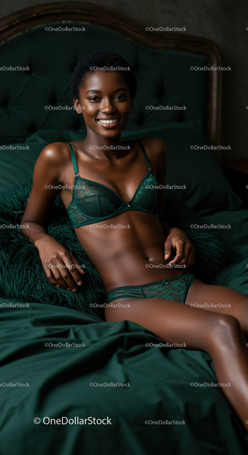 Smiling woman relaxing on bed in green lingerie set