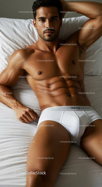 Relaxed muscular man lying on bed in white underwear