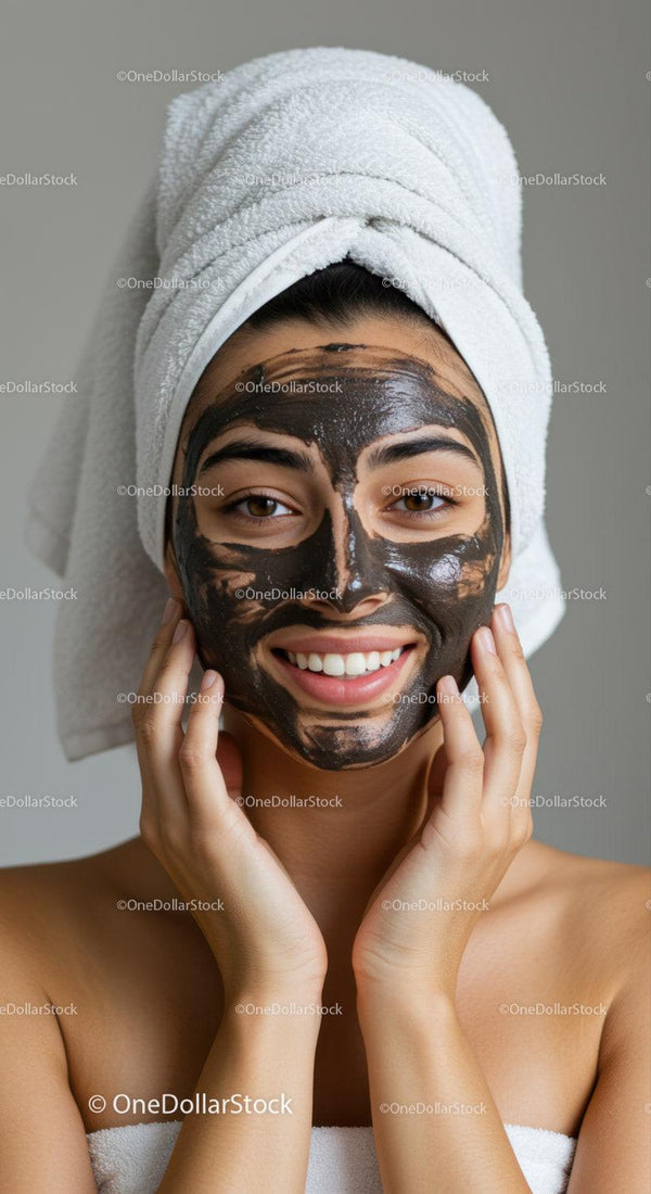 Young Woman with Black Facial Mask and Towel Wrapped Head