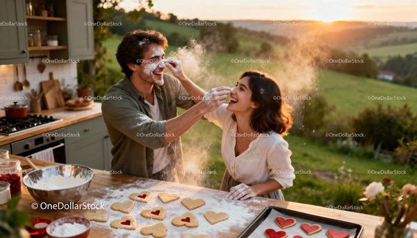 Couple Playfully Baking Heart-Shaped Cookies at Sunset