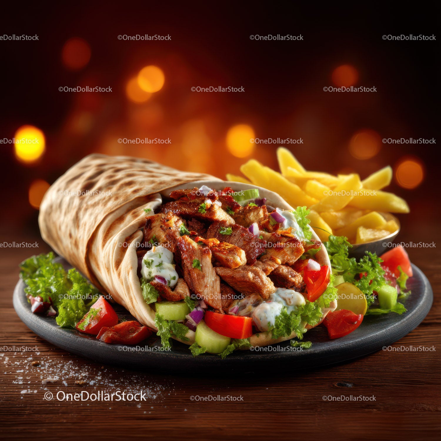 Gyro Wrap with Fresh Vegetables and Side Fries