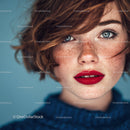 Young Woman with Blue Eyes, Red Lips and Short Wavy Hair