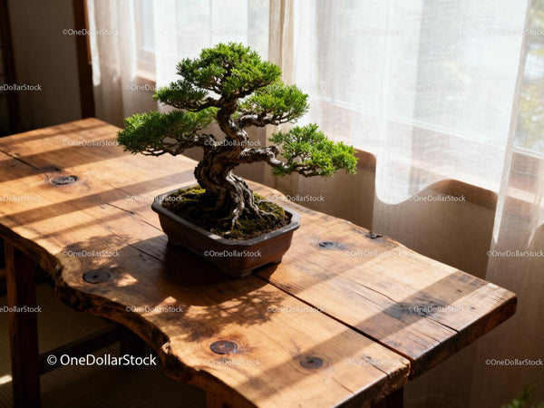 Miniaturowe Drzewko Bonsai na Rustykalnym Drewnianym Stole przy Oknie