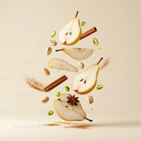 Sliced Pears with Spices and Pistachios Floating on Beige