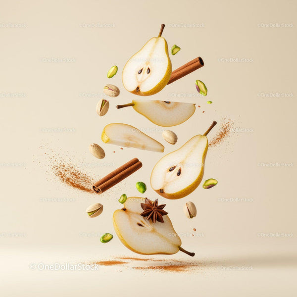 Sliced Pears with Spices and Pistachios Floating on Beige