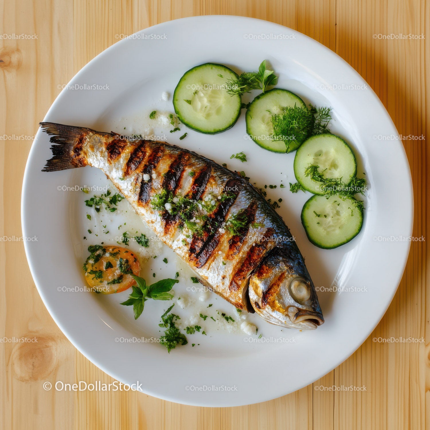 Grilled Fish with Cucumber Slices and Fresh Herbs on White Plate