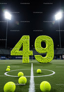 Number forty nine built from tennis balls on court