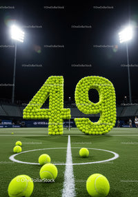 Number forty nine built from tennis balls on court