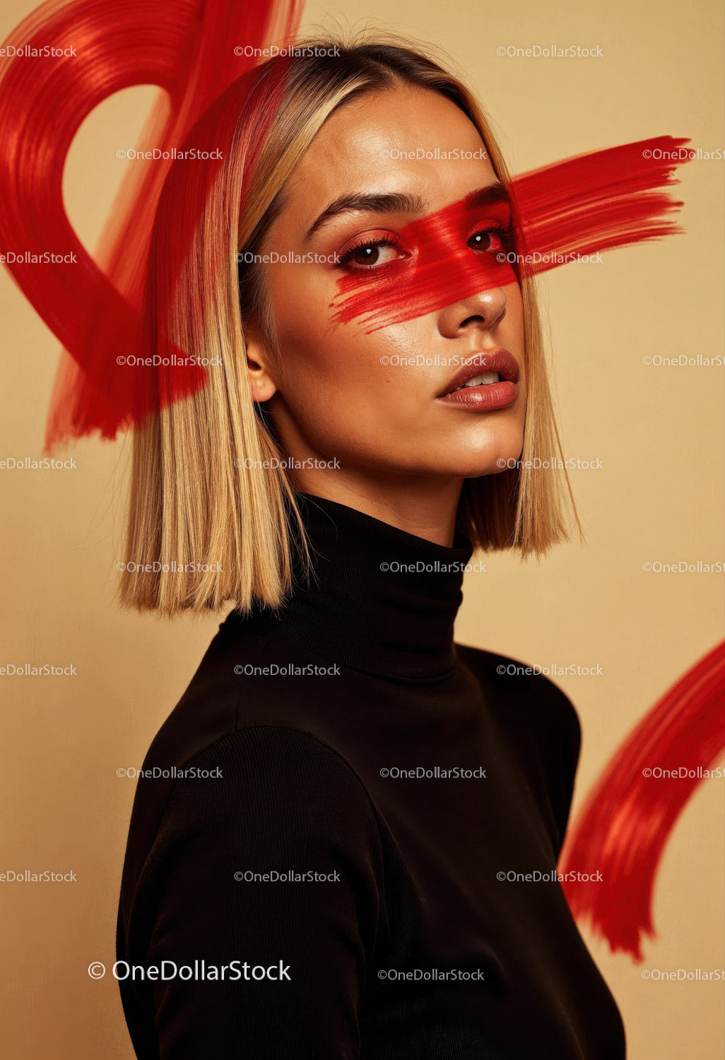 Creative Artistic Makeup Portrait with Red Face Paint and Blonde Hair