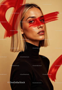 Creative Artistic Makeup Portrait with Red Face Paint and Blonde Hair