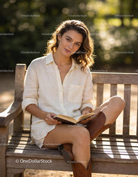 Young woman enjoying a book on a sunny bench