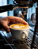Barista pouring fresh espresso into white cup on machine