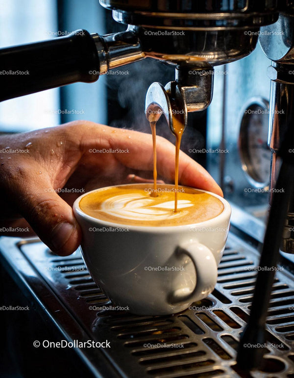 Barista pouring fresh espresso into white cup on machine