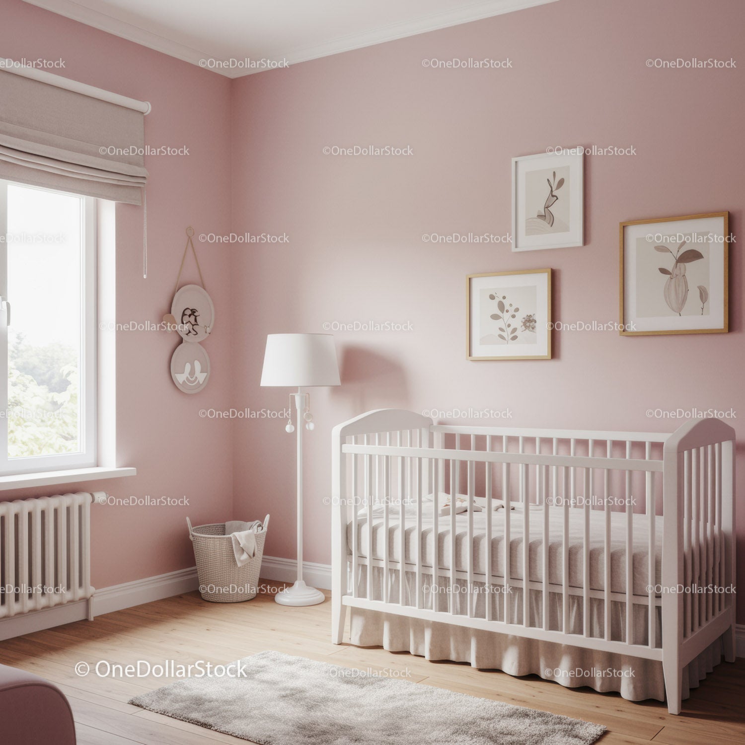 Bright Children Nursery with White Baby Crib and Wall Art