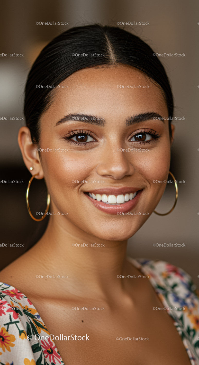 Elegant Smiling Woman with Floral Clothing and Hoop Earrings