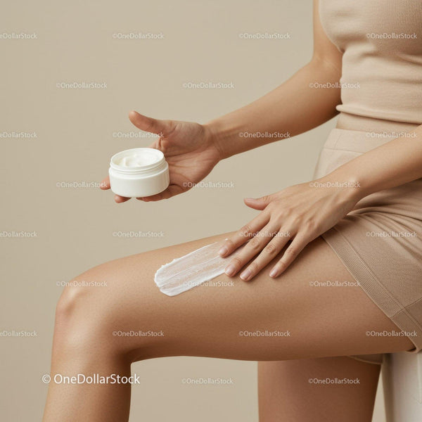 Woman Applying Cream to Leg with Moisturizer in a Minimalist Setting
