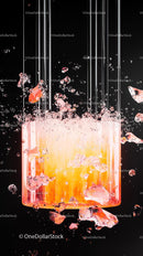 Glass Shattering Explosion with Debris Falling on Black Background