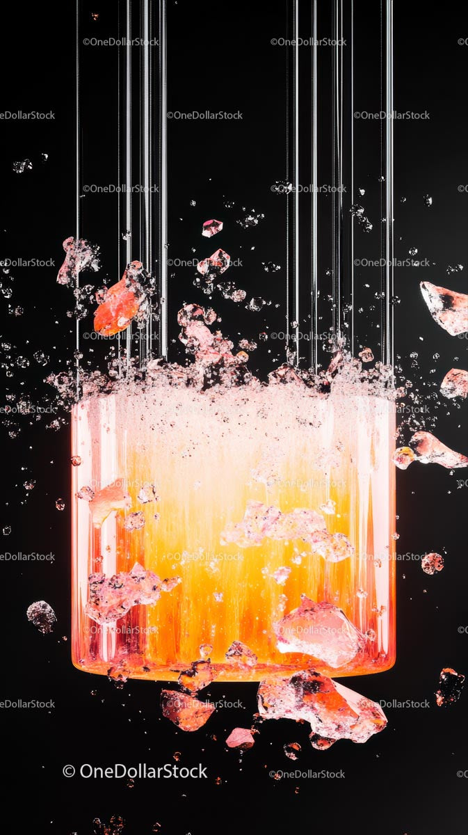 Glass Shattering Explosion with Debris Falling on Black Background