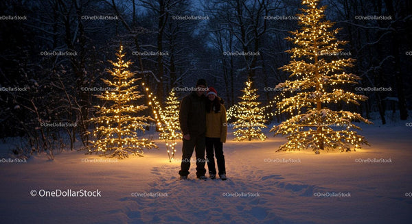 Couple Enjoying Winter Night Among Lit Christmas Trees
