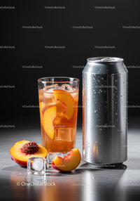 Refreshing Peach Iced Drink with Ice Cubes and Can