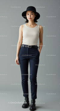 Stylish Woman in Navy Pants and Black Hat in Studio
