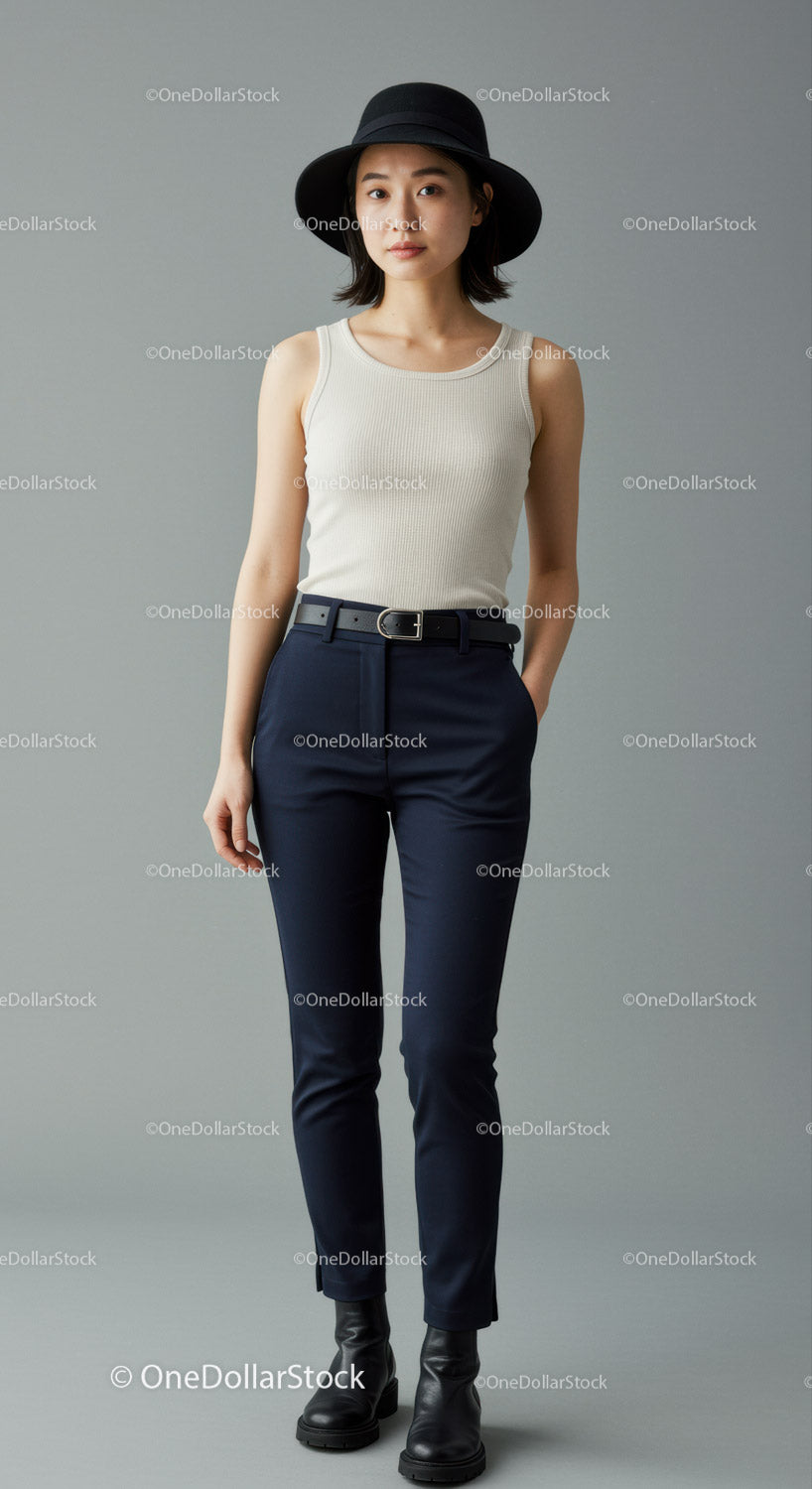 Stylish Woman in Navy Pants and Black Hat in Studio