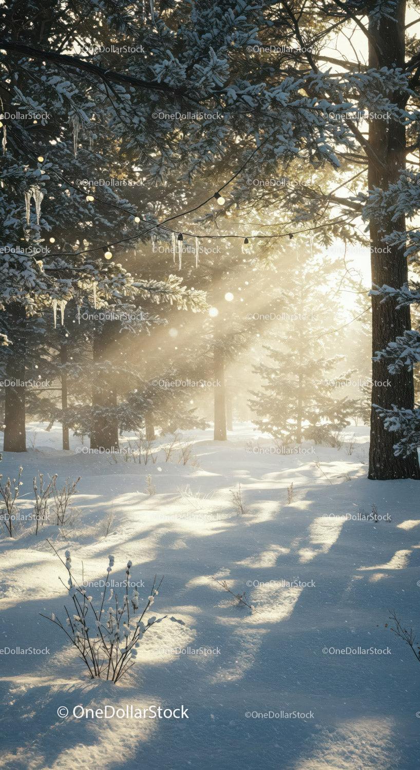 Winter morning light filtering through snowy pine forest