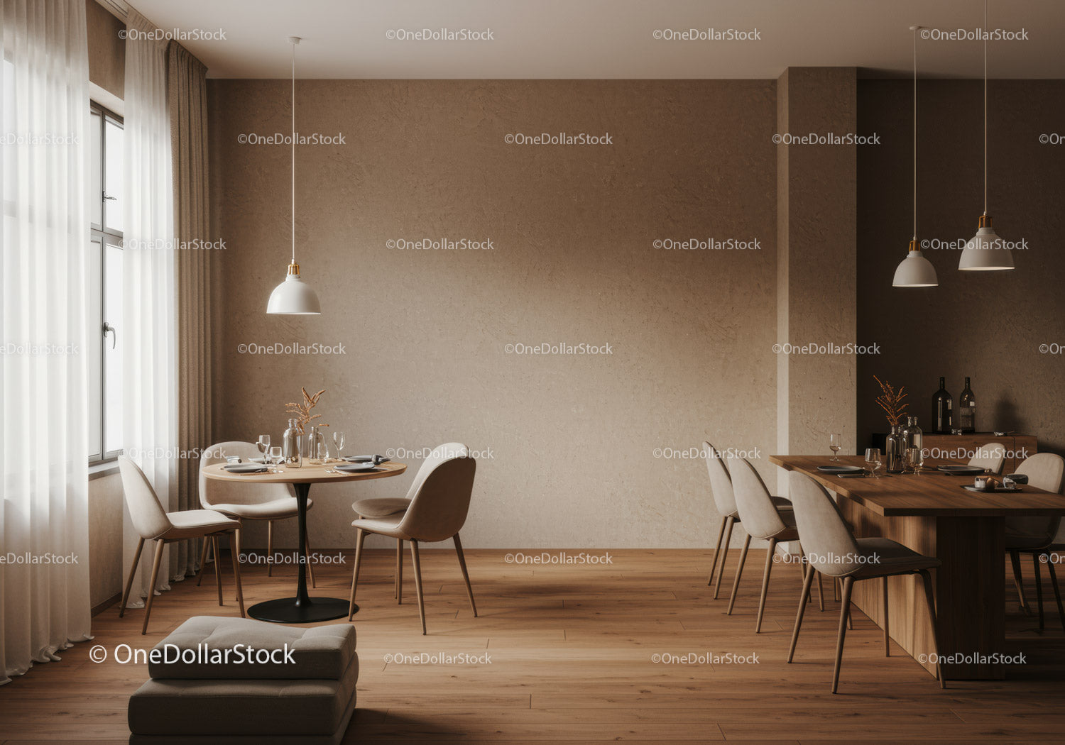 Modern Cozy Dining Room with Wooden Tables and Elegant Decor