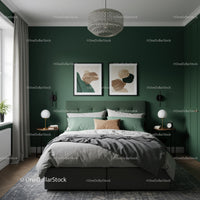 Elegant Green Bedroom with Abstract Art and Cozy Bedding