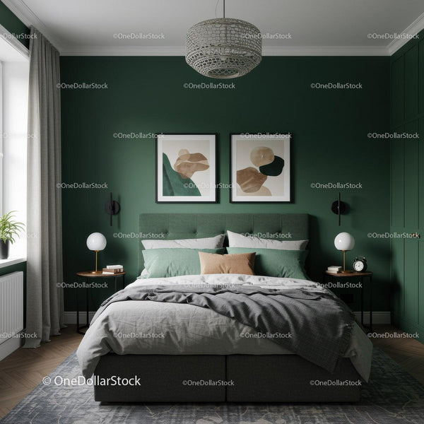 Elegant Green Bedroom with Abstract Art and Cozy Bedding