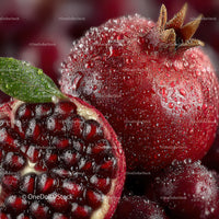 Close-up of Ripe Pomegranate with Juicy Red Seeds and Fresh Green Leaf