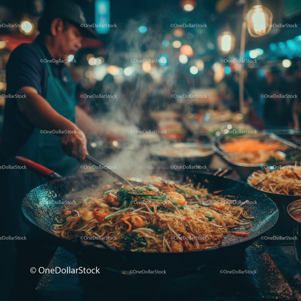 Street Food Vendor Cooking Stir-Fry at Night Market