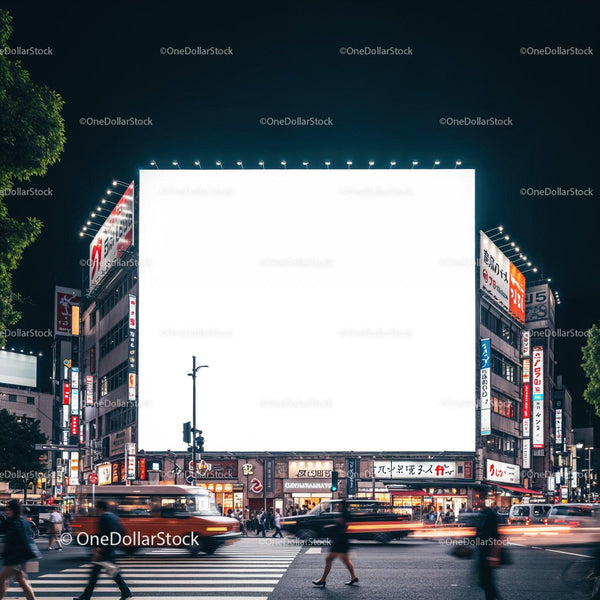 Busy city intersection with illuminated blank billboard at night JPG Mockup Image