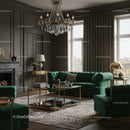 Elegant living room with emerald velvet sofas and chandelier