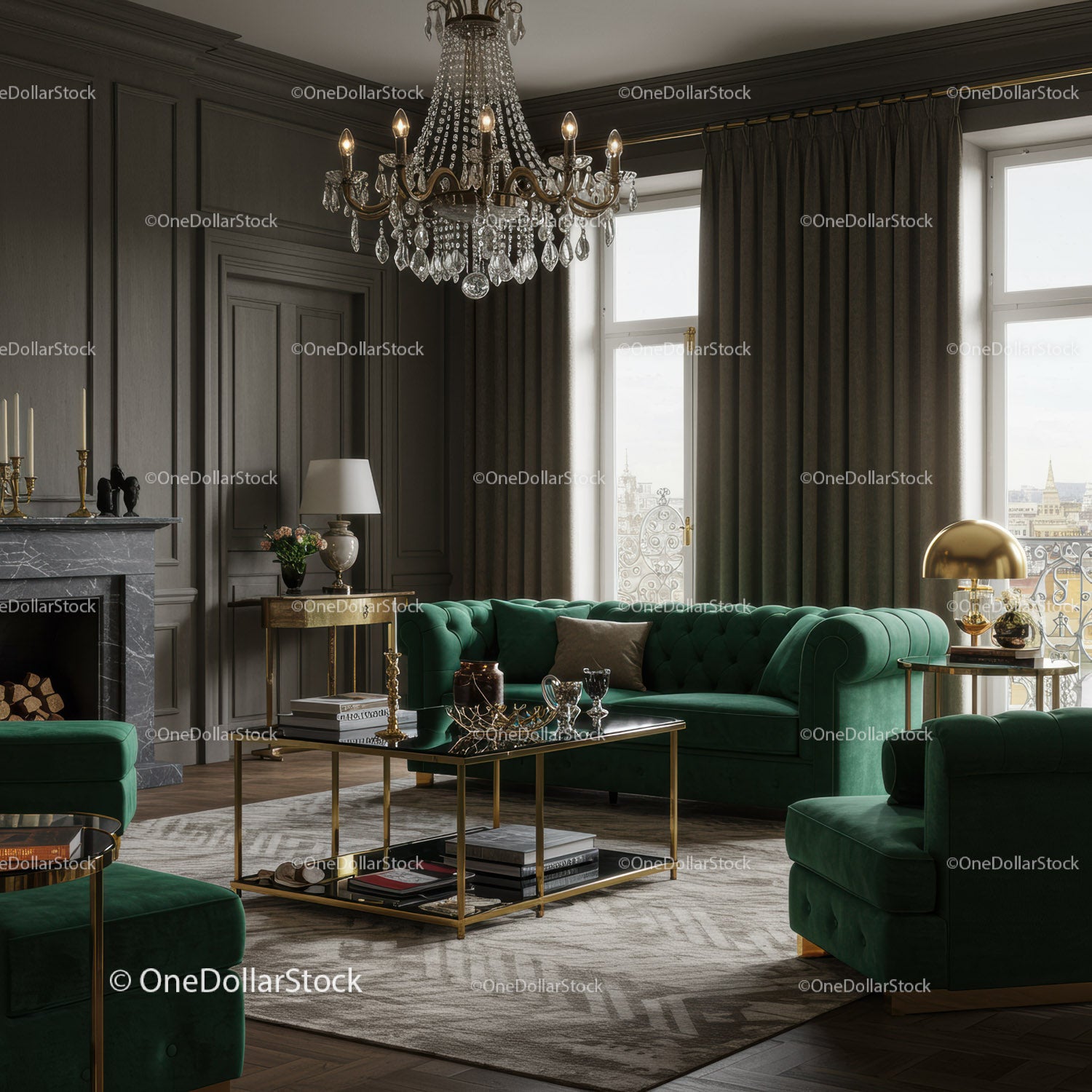 Elegant living room with emerald velvet sofas and chandelier