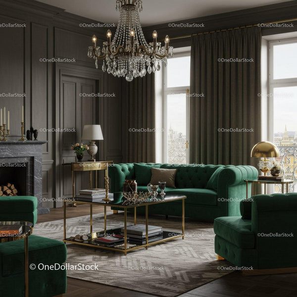 Elegant living room with emerald velvet sofas and chandelier