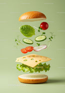 Fresh vegetable sandwich ingredients floating on green background