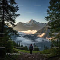 Majestic Snow Capped Mountain Peak with Lush Green Forest and Clouds