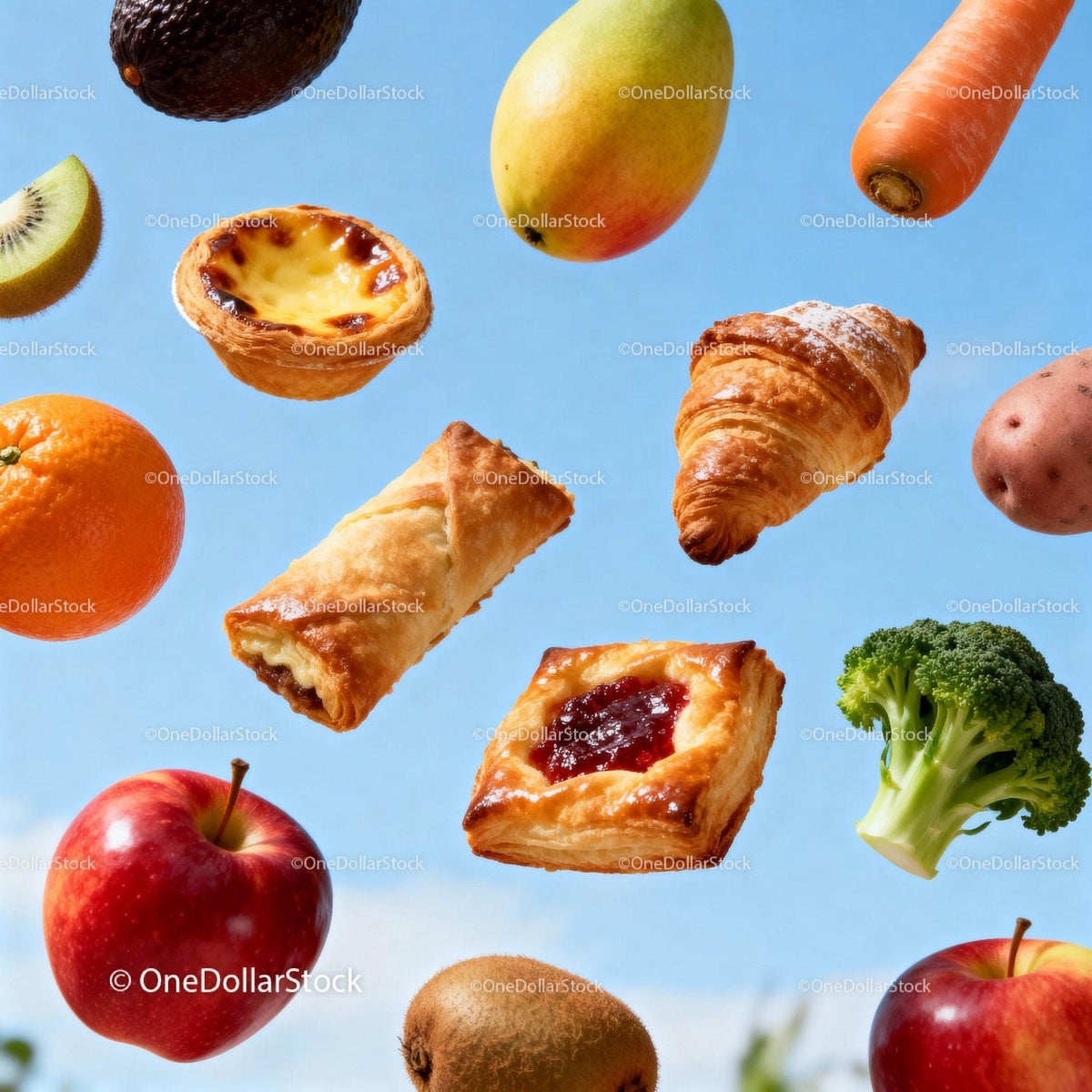 Fresh fruits and pastries floating in clear sky