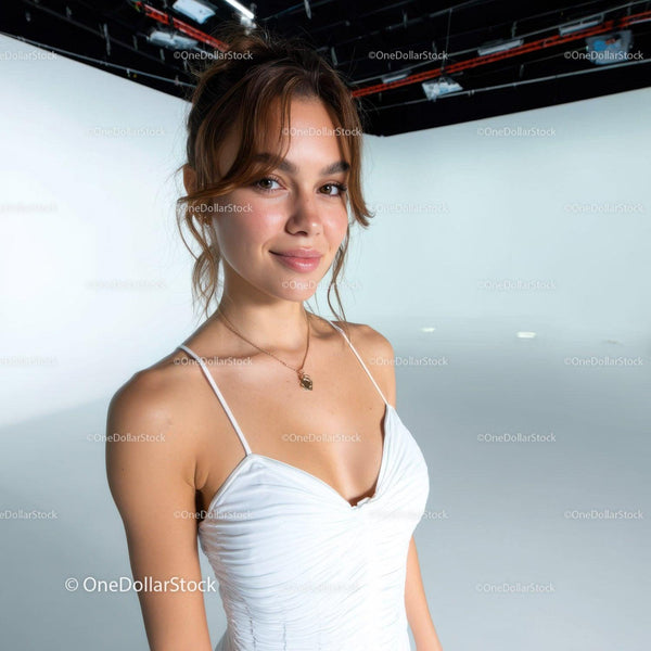 Elegant Portrait of a Young Woman in White Dress with Confident Smile