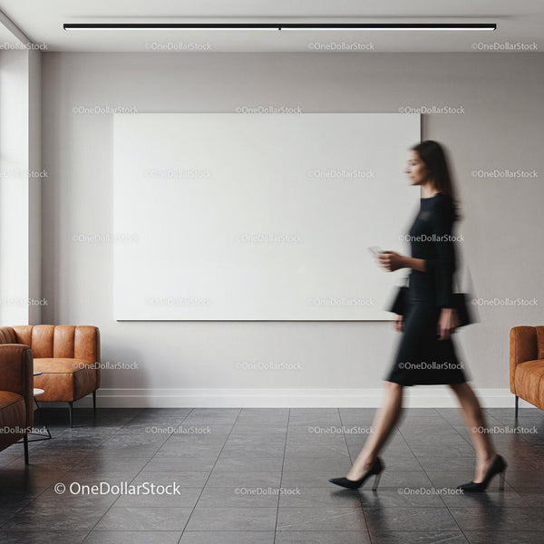Blurred businesswoman walking past blank wall art JPG Mockup Image