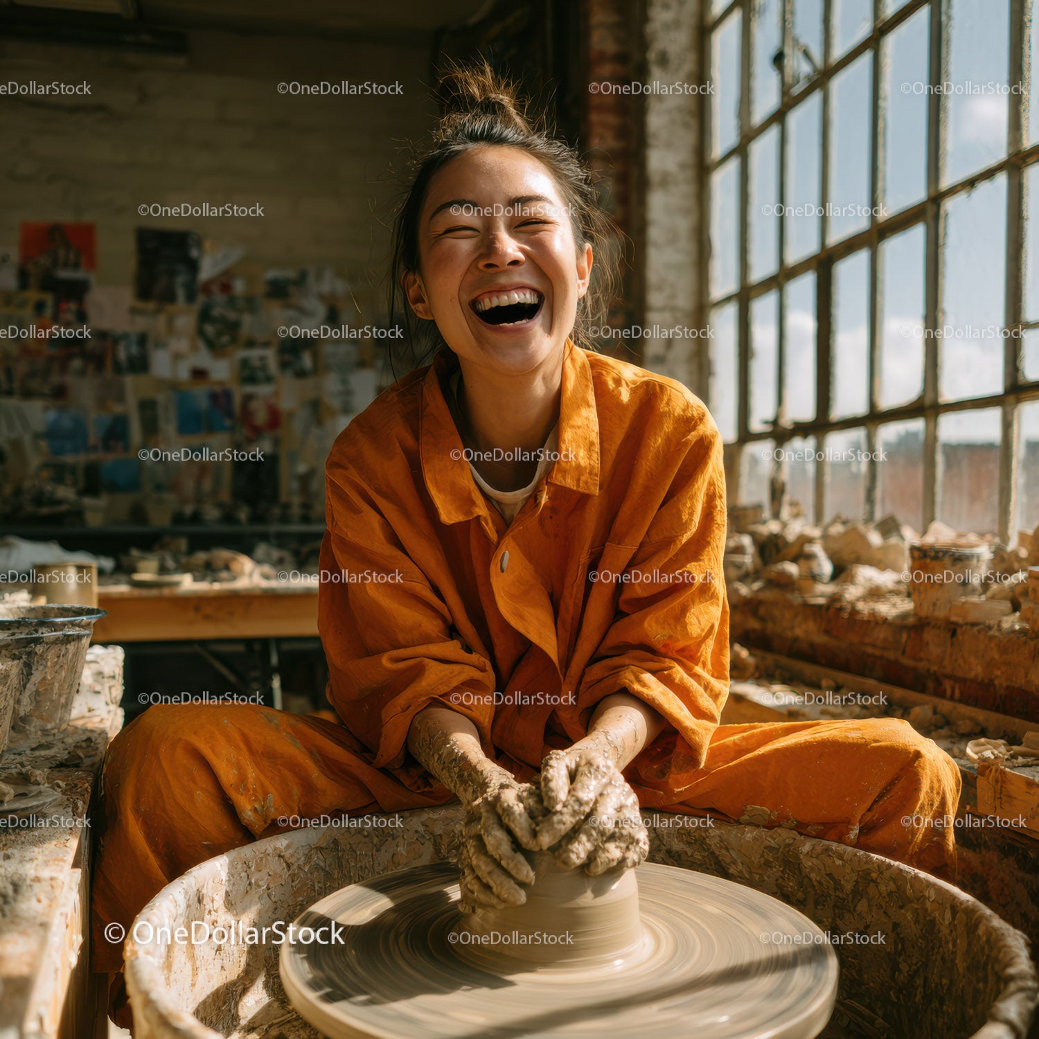 Joyful Woman Creating Handmade Pottery in Artistic Studio