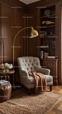 Cozy reading nook with armchair and wooden shelves
