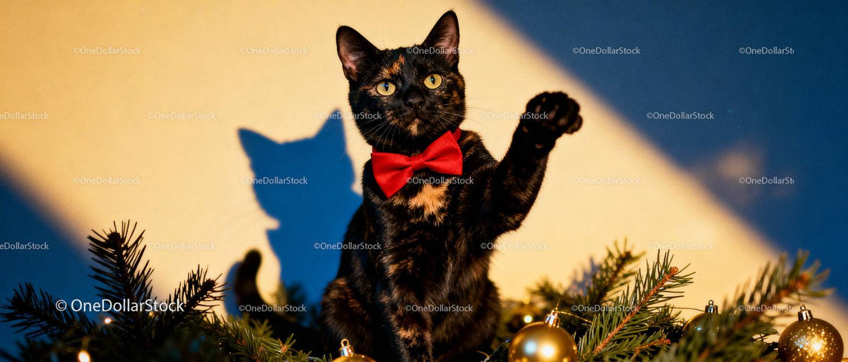 Tortie cat with red bow tie reaching out on Christmas greenery